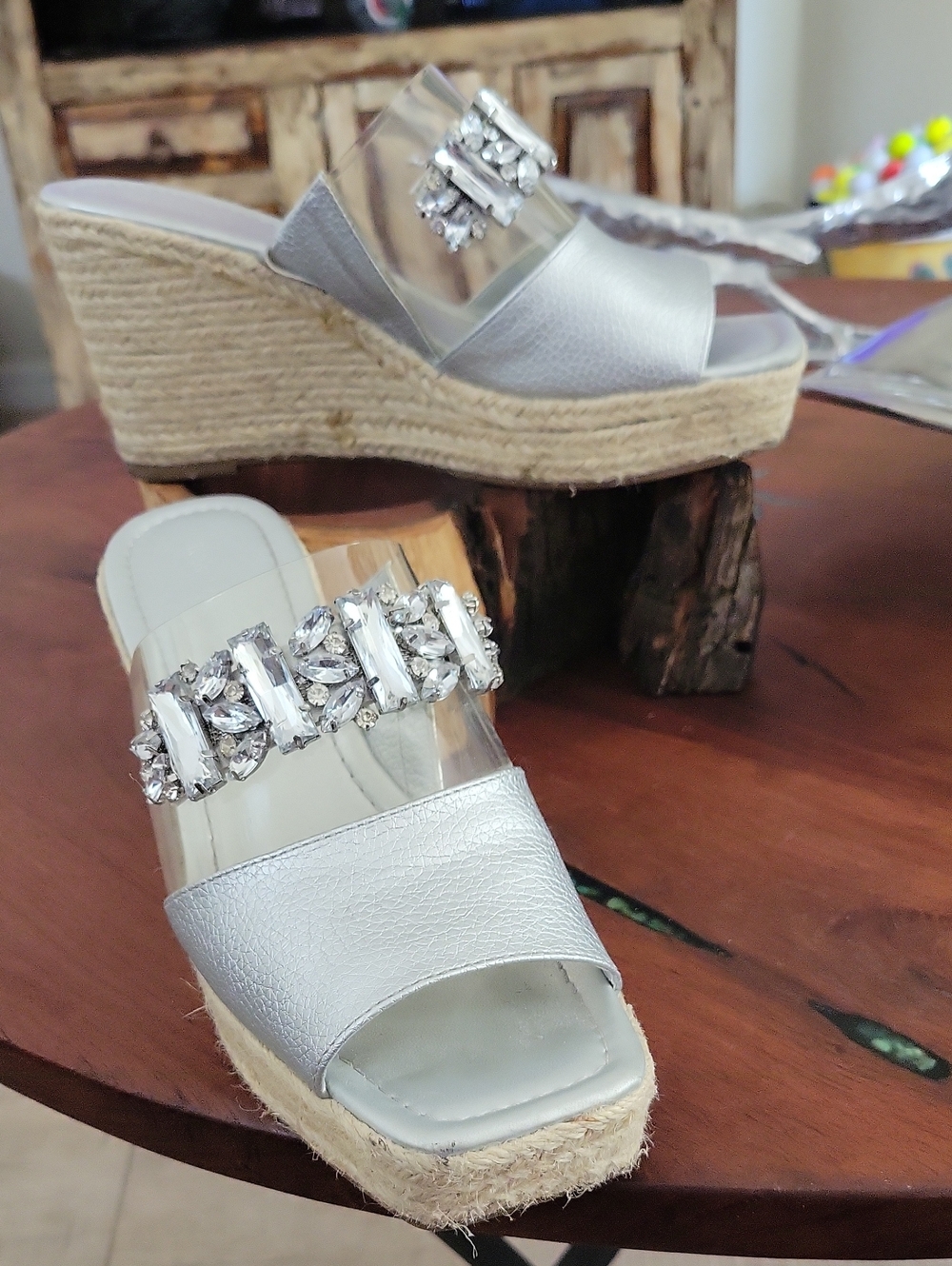 Karl Lagerfeld Carlana Silver Jeweled Espadrille Wedge Mules